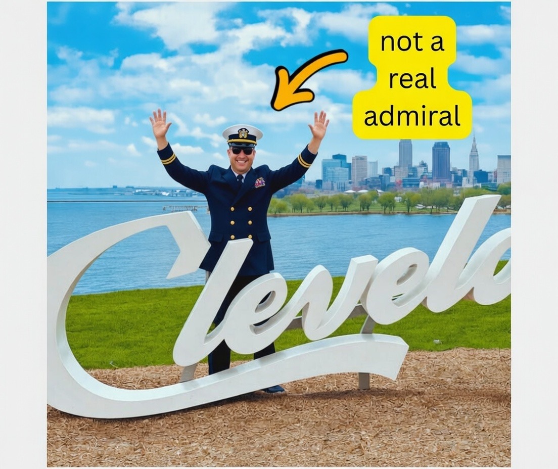 Jim in a dress uniform at the Cleveland sign, labeled not a real admiral