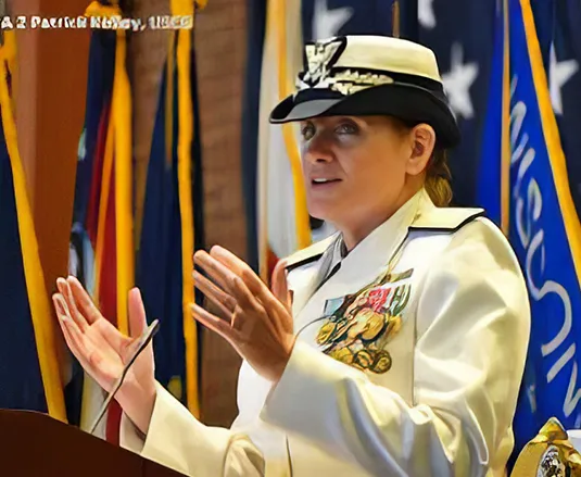 Retired U.S. Coast Guard Admiral June Ryan speaking at a podium in her dress white uniform